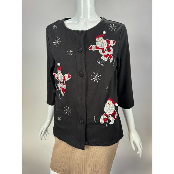 Onque Casual Vintage Skating Santa Cardigan Small Black Cotton Missing Button - Picture 9 of 16